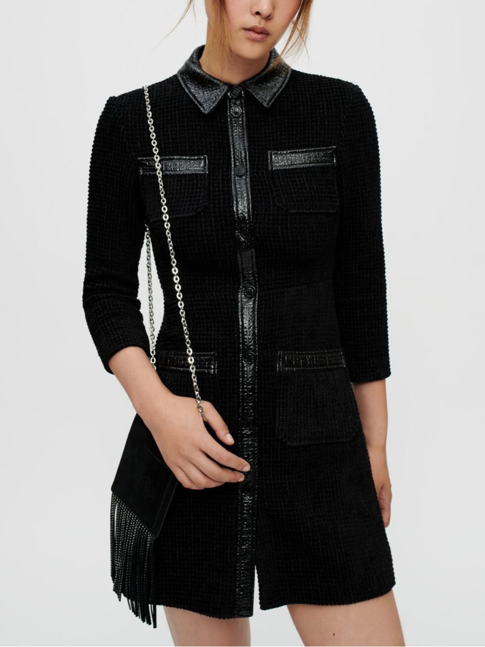 Maje Rinili Black Velvet Tweed & Vinyl Trim Mini Dress